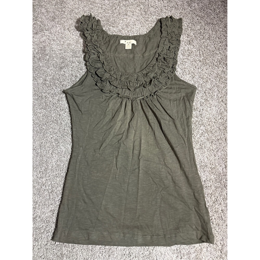 XXI Forever 21 Olive Green Ruffle Neck Cotton Tank Top Medium Y2K